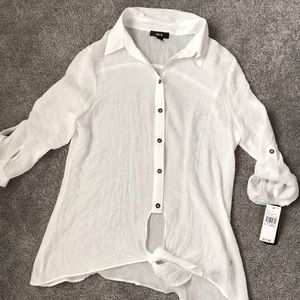 White Sheer 3/4 Sleeve Button Up Blouse Juniors